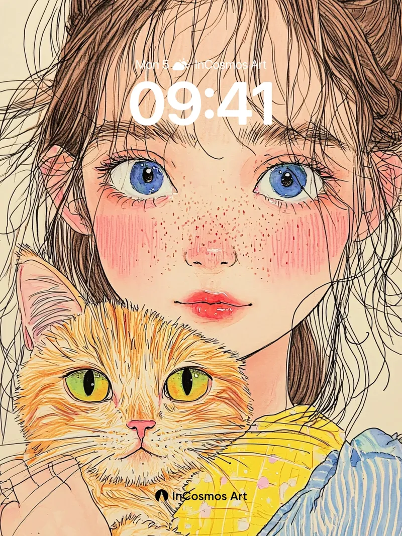 Gentle Hush Wallpaper with Feline Embrace