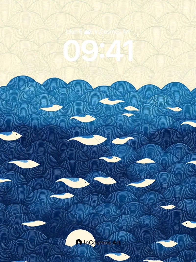 Serene Wave Wallpaper with Floating Fish