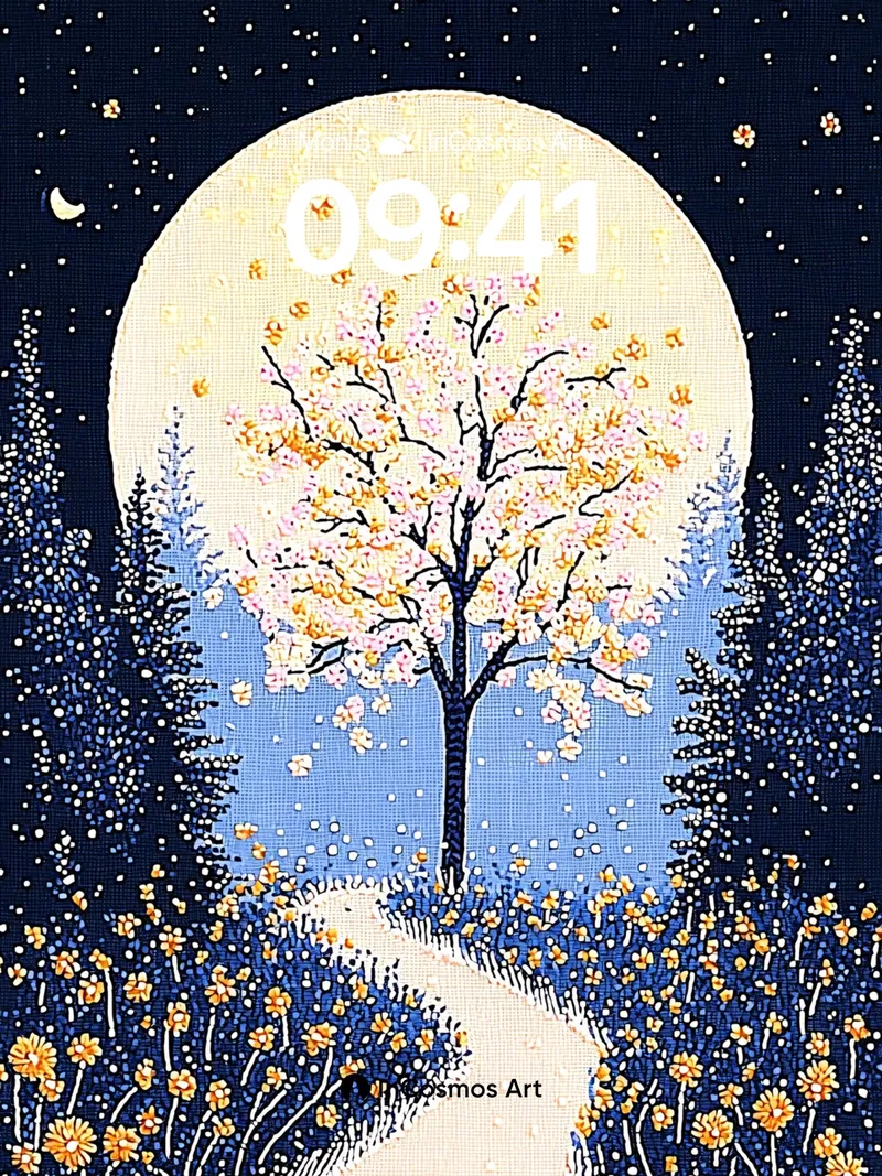Luminous Path Wallpaper with Moonlit Tree