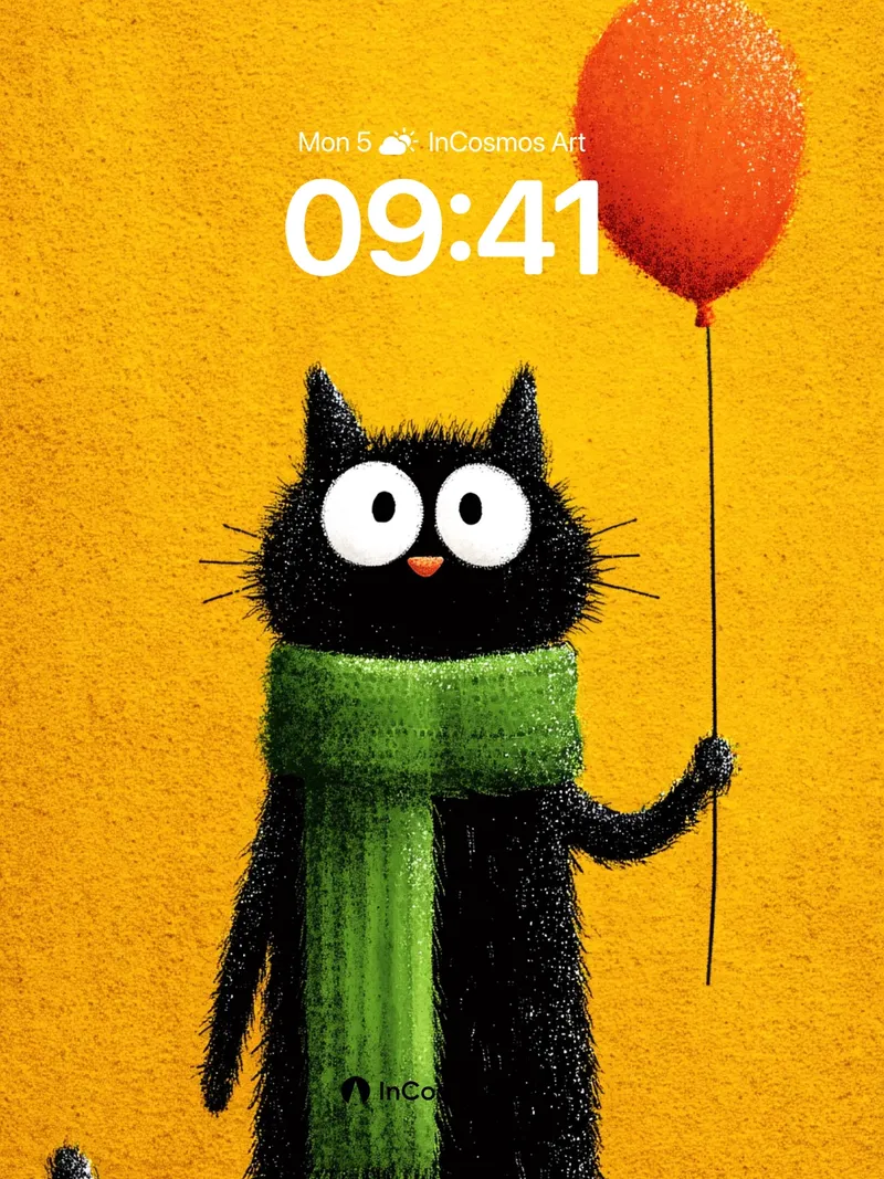 Whimsical Feline Wallpaper with Floating Balloon