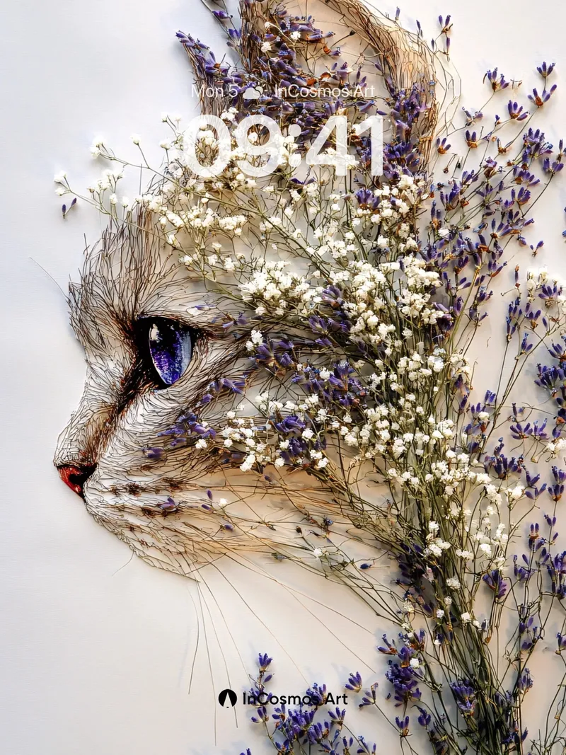 Whispering Petal Wallpaper with Feline Gaze