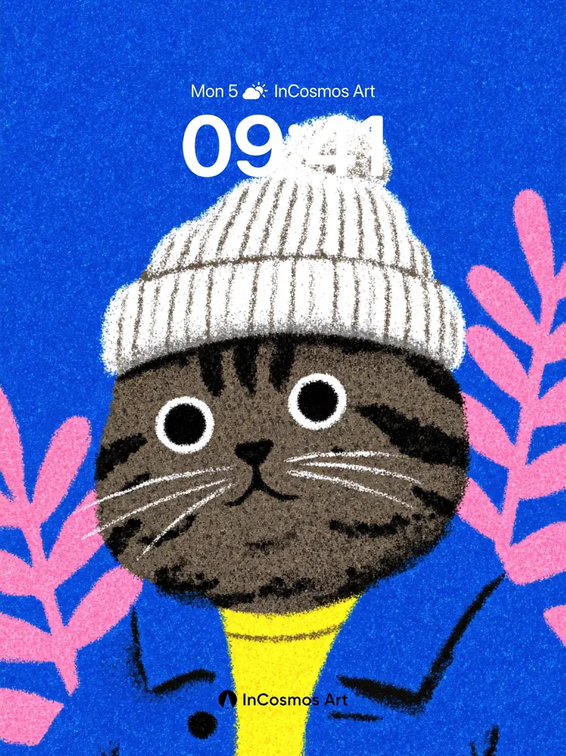 Whimsical Feline Wallpaper with Knit Hat Charm