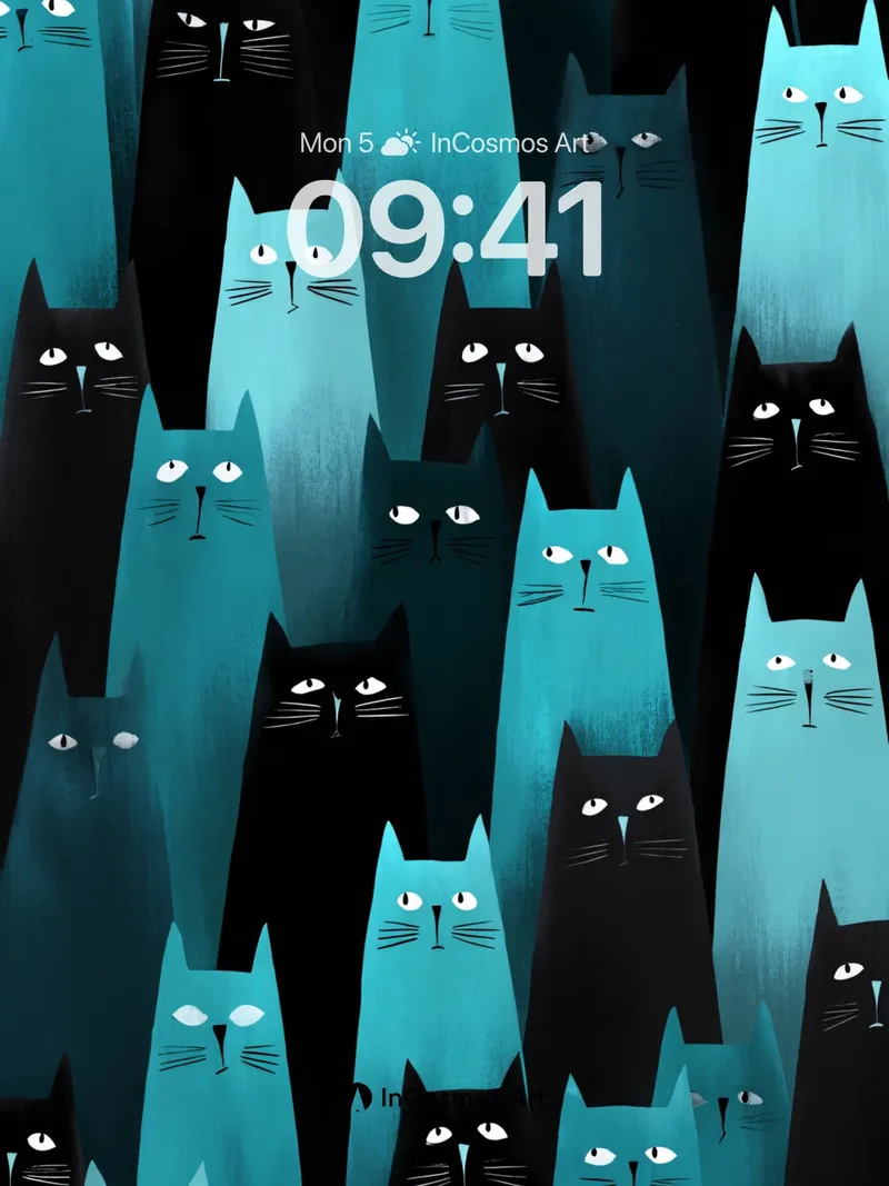 Whispering Teal Cats Wallpaper with Midnight Gaze