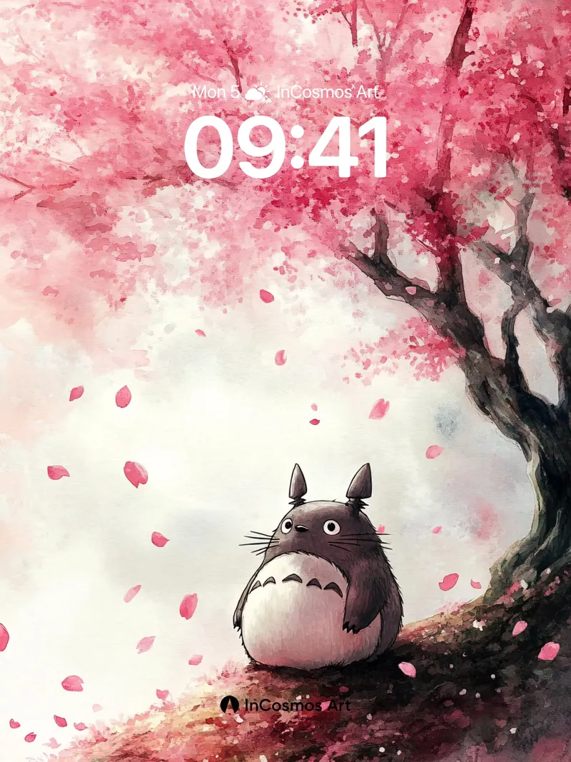 Serenity Cherry Blossom Wallpaper with Totoro's Quiet Watch
