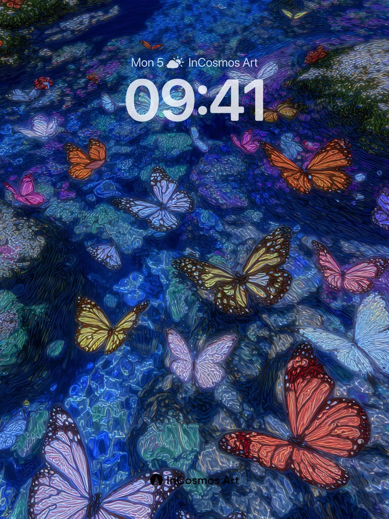 Luminous River Wallpaper with Floating Butterflies