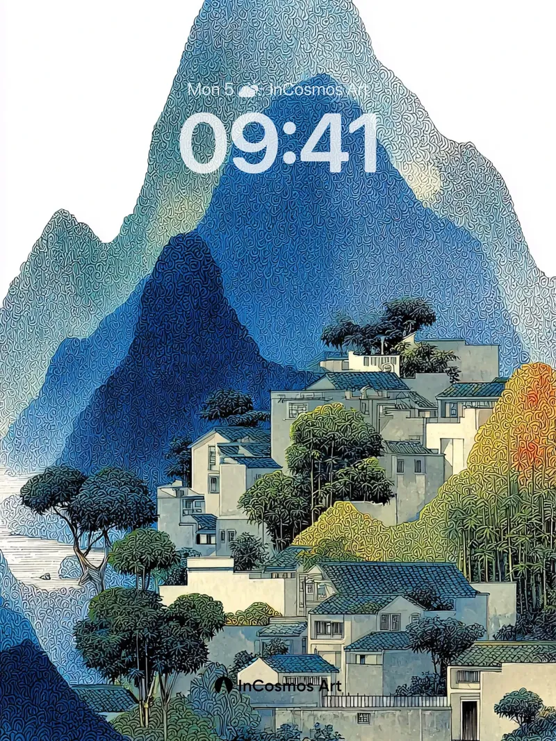 Calm Mountain Hues Wallpaper with Ink-Wave Texture