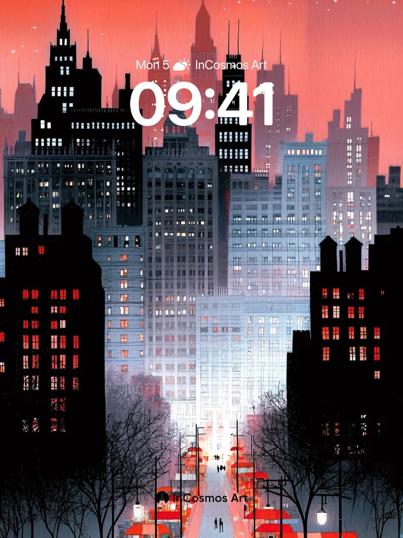 Crimson Cityscape Wallpaper with Snowfall Echo