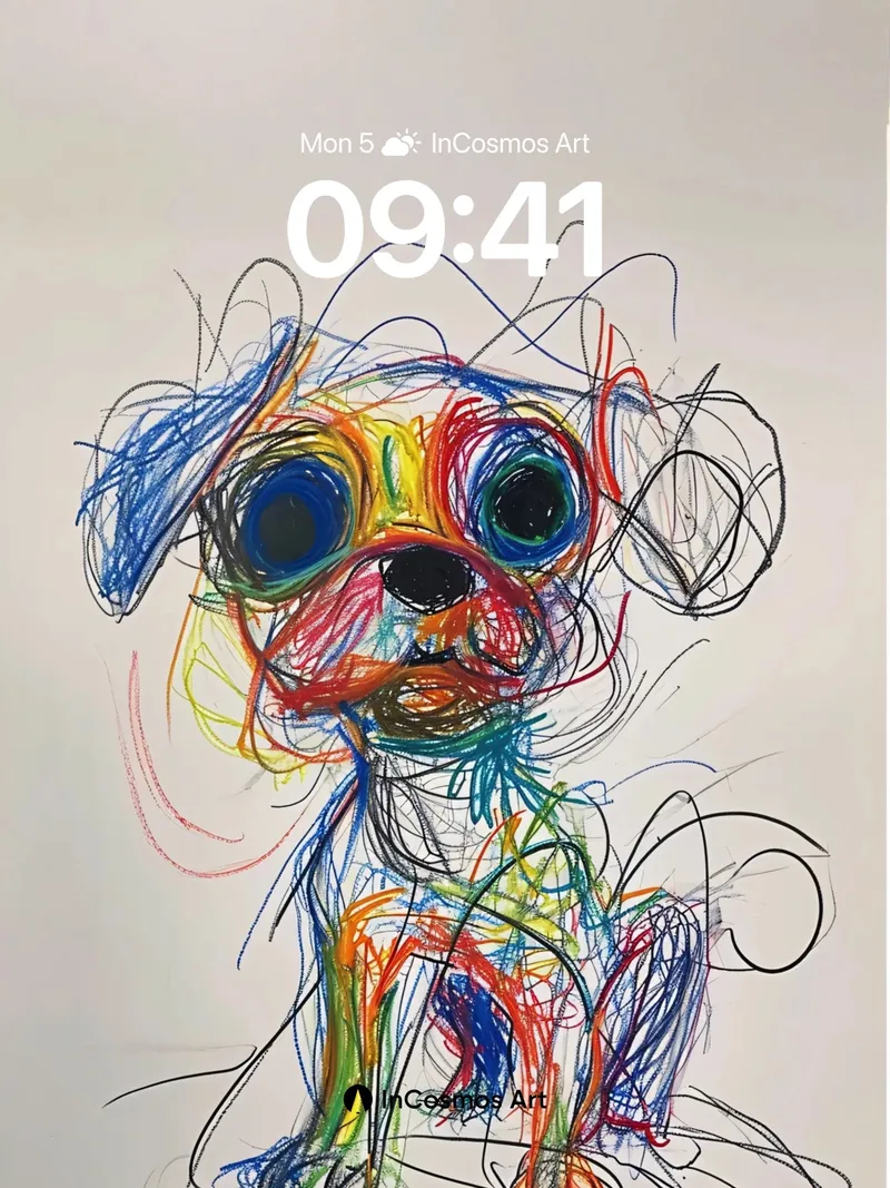 Whimsical Scribble Dog Wallpaper with Rainbow Chaos