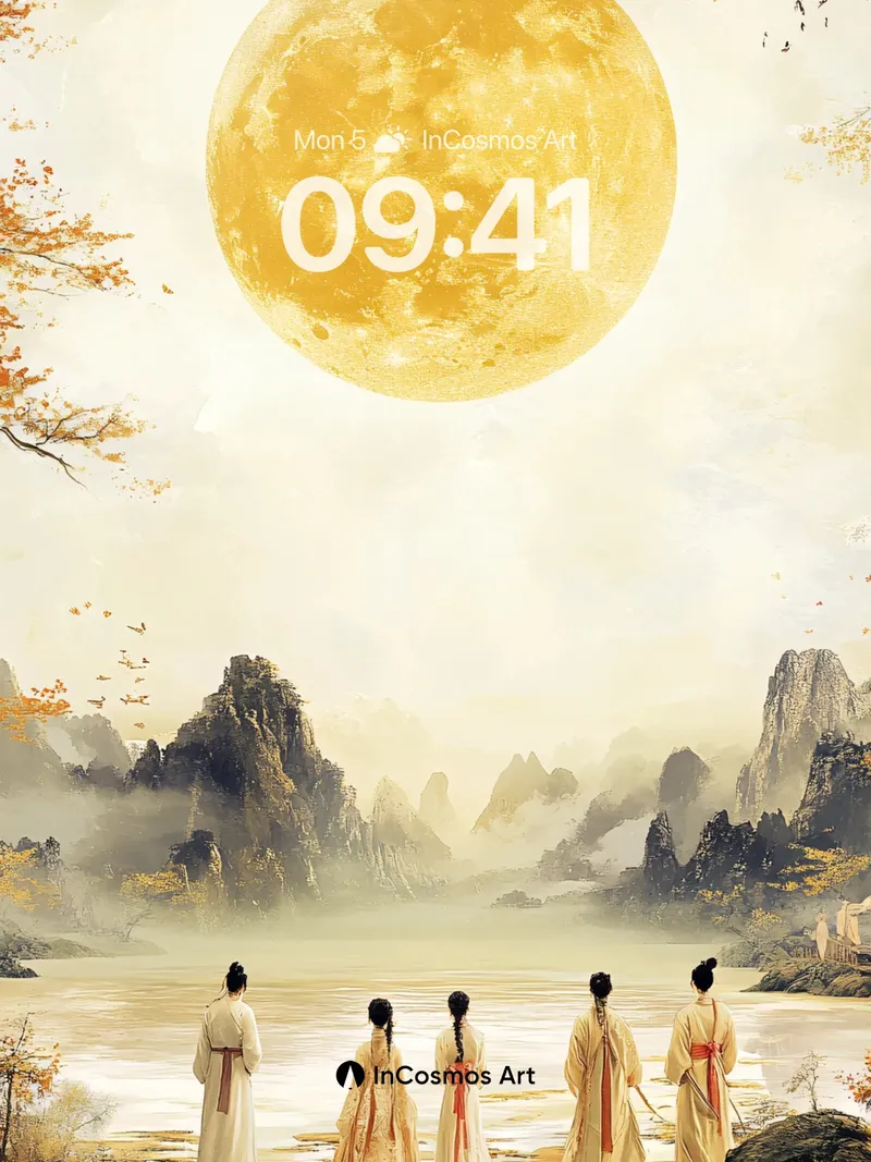 Golden Moonlight Wallpaper with Silent Figures