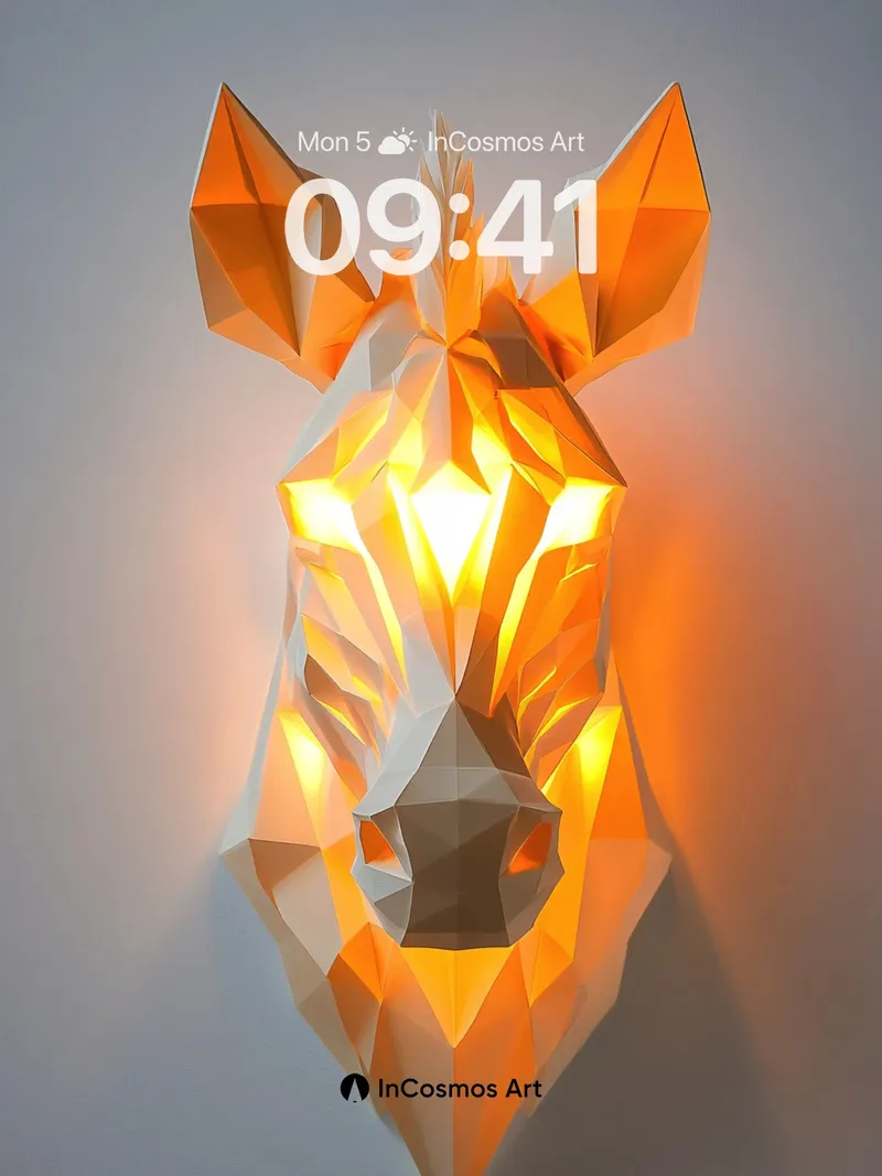 Luminous Origami Zebra Wallpaper with Geometric Fire
