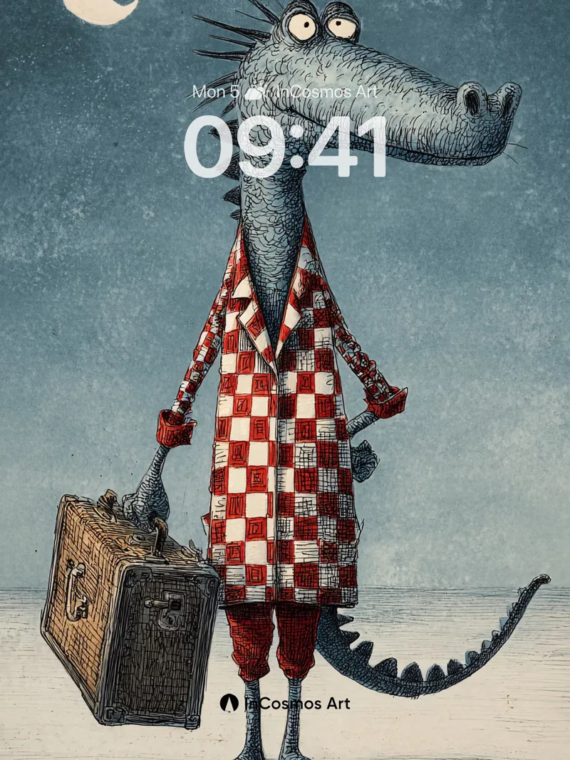 Whimsical Crocodile Wallpaper with Moonlit Suitcase