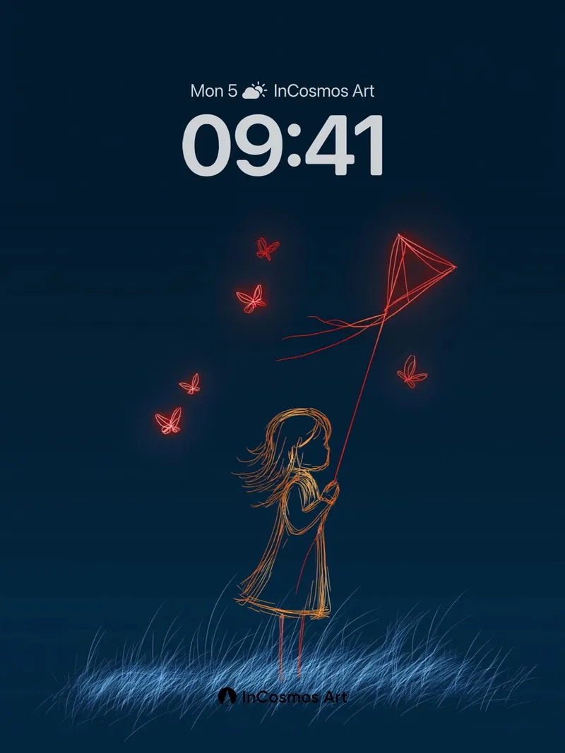 Glowing Kite Silhouette Wallpaper with Floating Butterflies