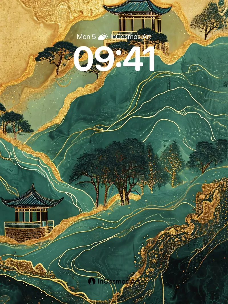 Golden Vein Wallpaper with Floating Pavilions