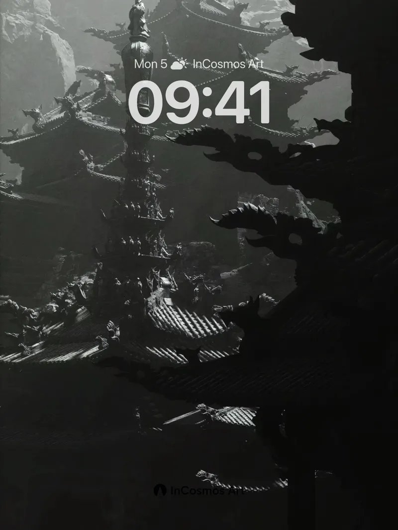 Shadowed Pagoda Wallpaper with Floating Light