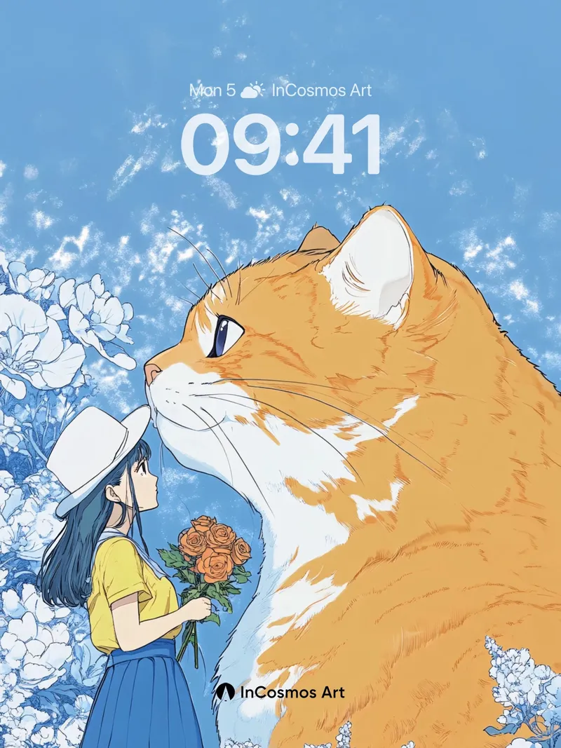 Whispering Sky Wallpaper with Giant Cat and Girl