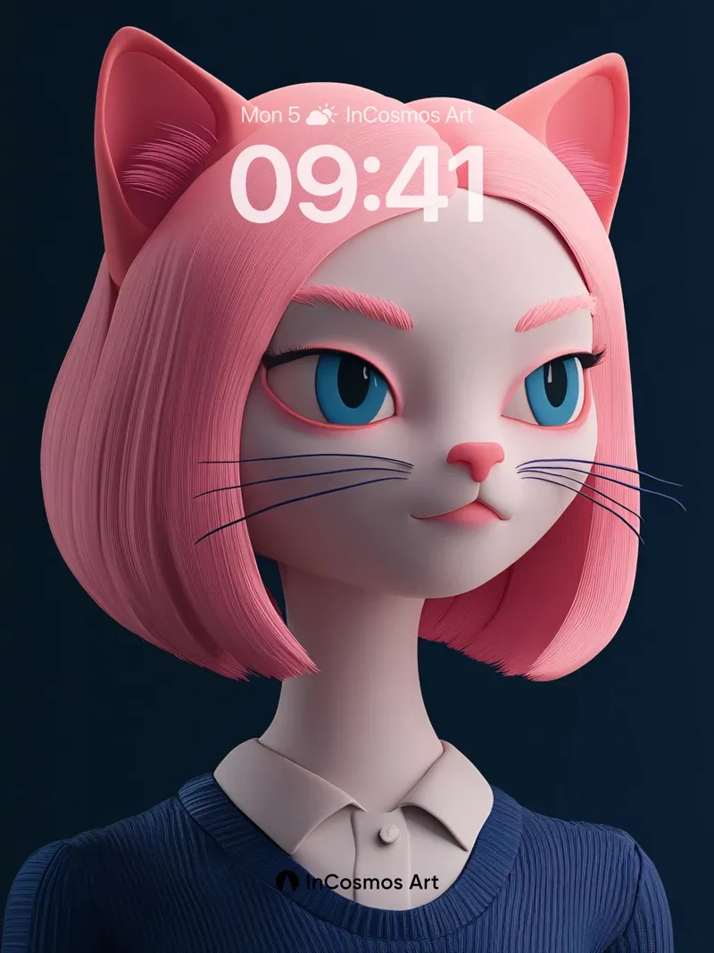 Luminous Feline Wallpaper with Soft Pink Hair