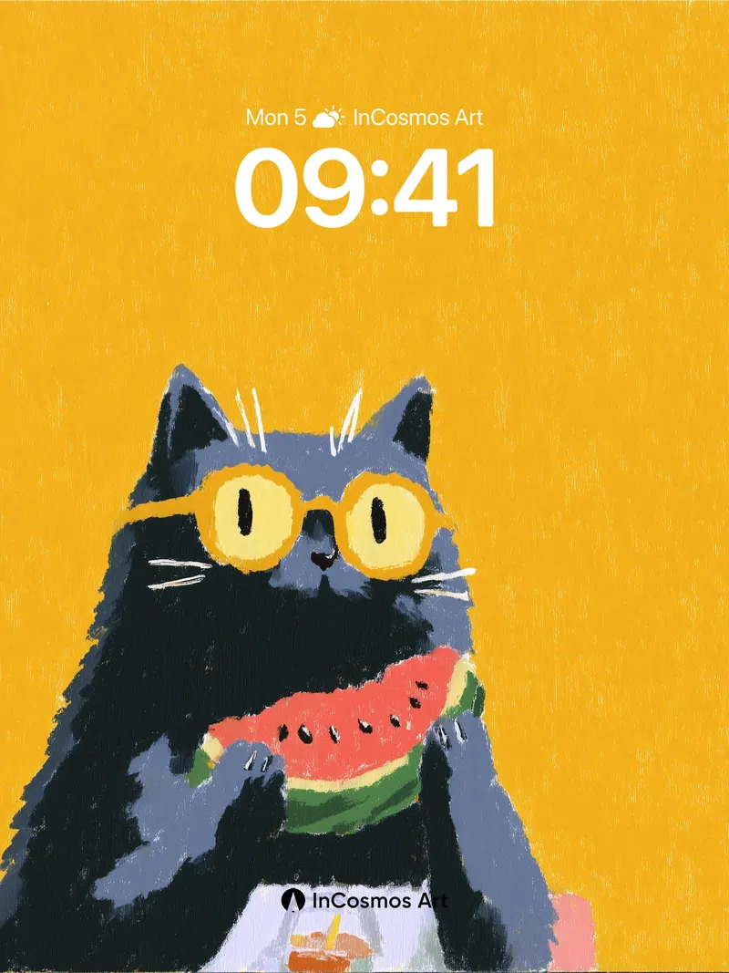 Playful Feline Wallpaper with Watermelon Delight