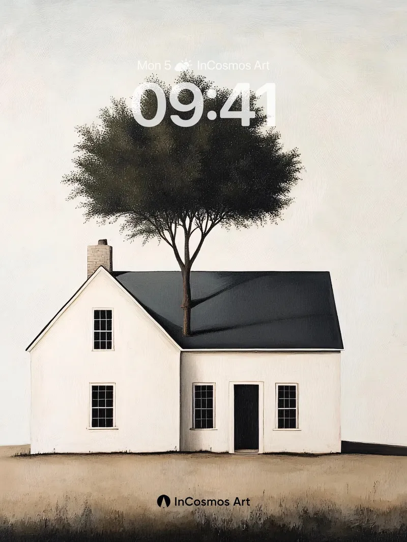 Surreal Stillness Wallpaper with Tree on Roof