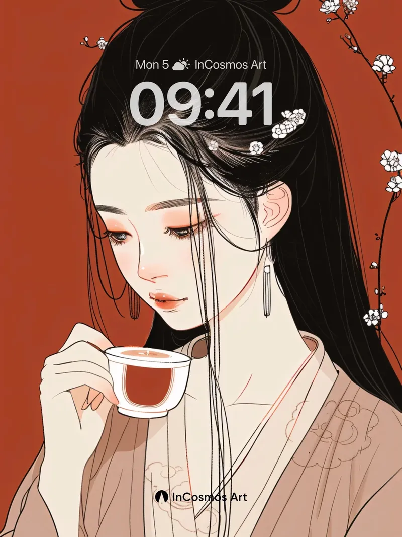 Serene Ink Portrait Wallpaper with Cherry Blossom Whispers