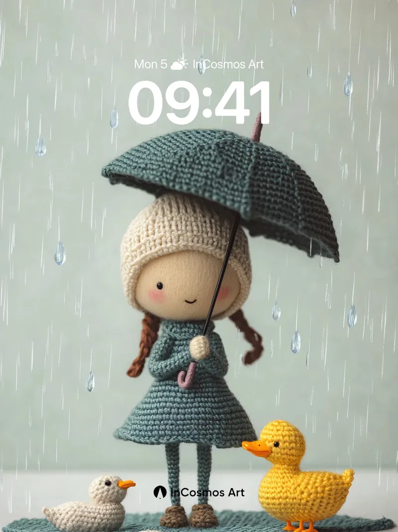 Knitted Rainfall Wallpaper with Duck Companions