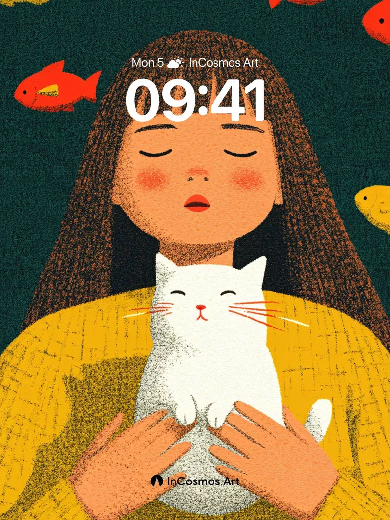 Serenity Cat Hug Wallpaper with Floating Fish