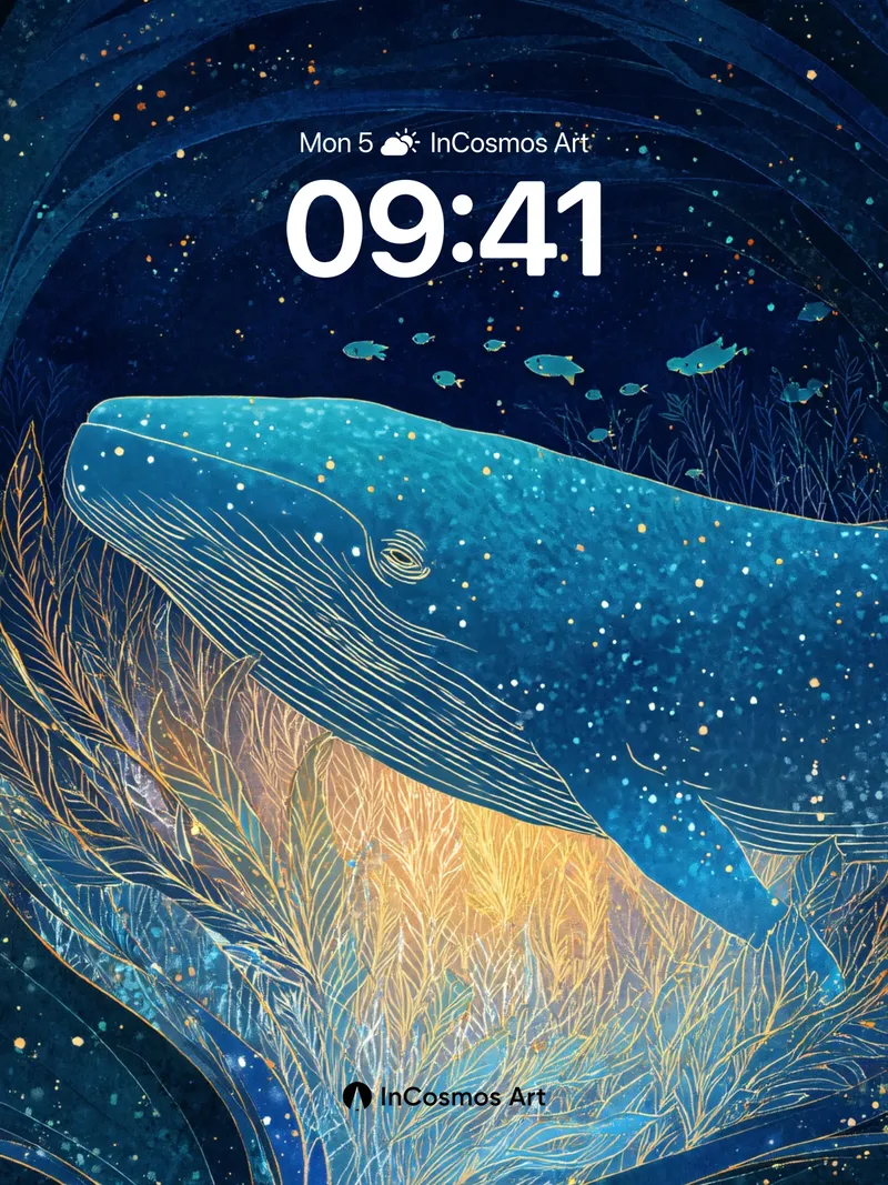 Stellar Whale Wallpaper with Golden Reeds