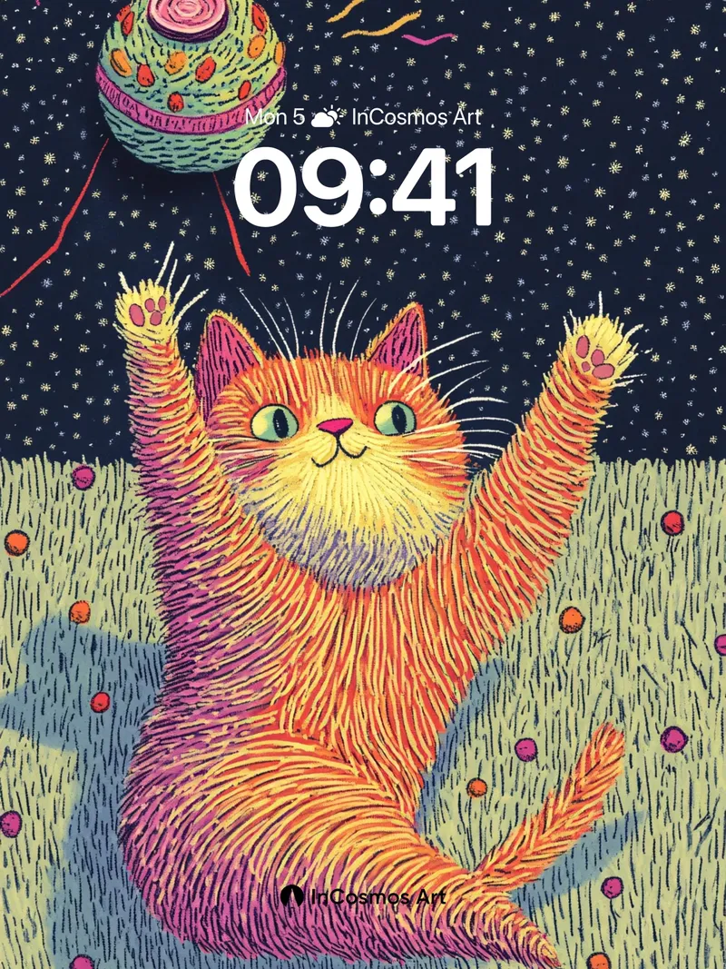Whimsical Night Sky Wallpaper with Floating Cat Toy
