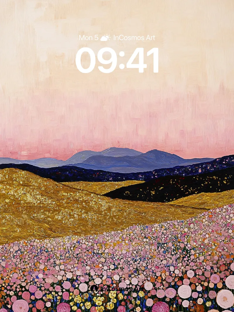 Golden Hour Floral Wallpaper with Distant Peaks