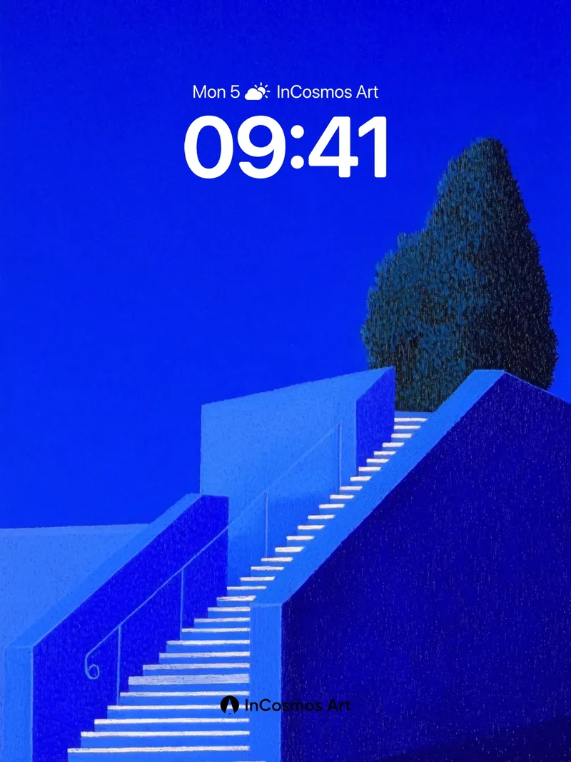 Cobalt Stairway Wallpaper with Silent Tree