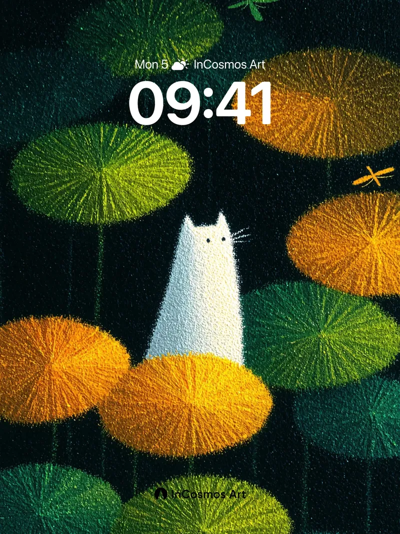 Luminous Pond Wallpaper with Floating Cat