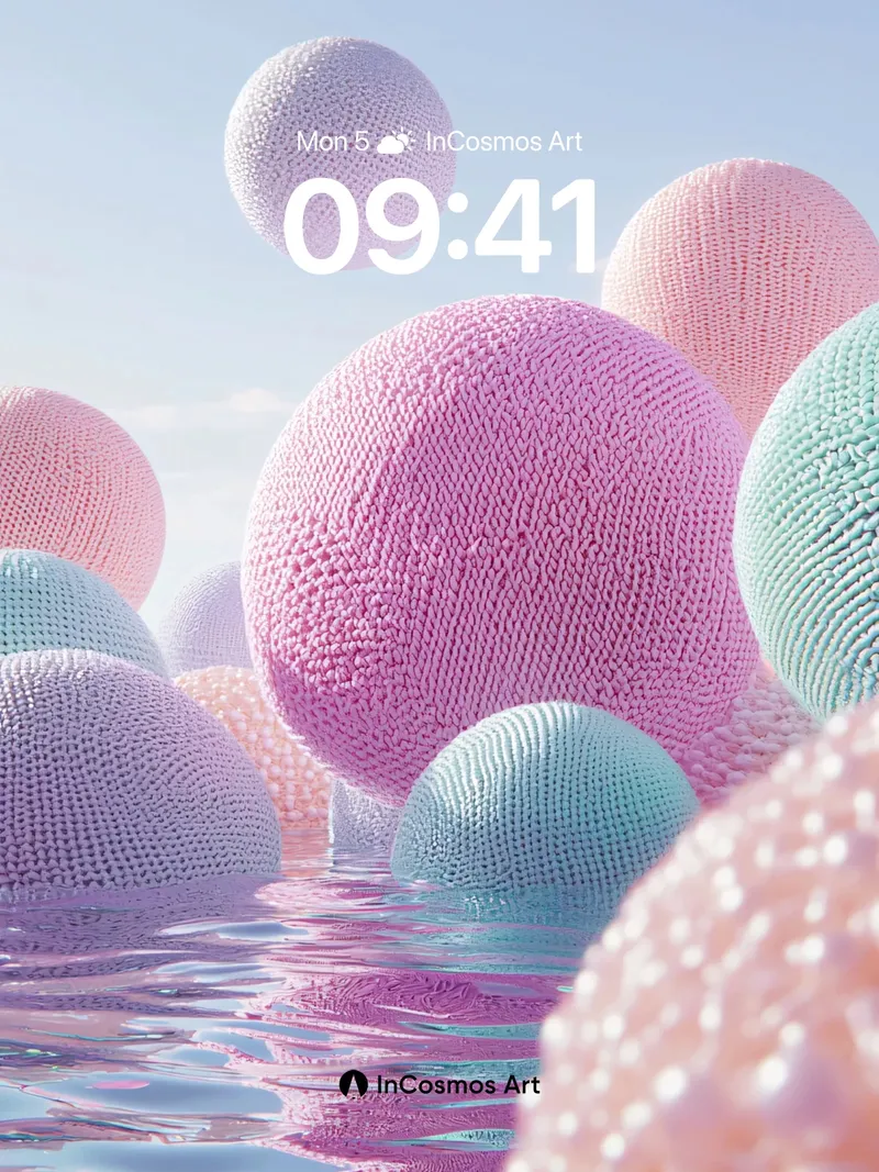 Floating Knit Spheres Wallpaper with Water Reflections