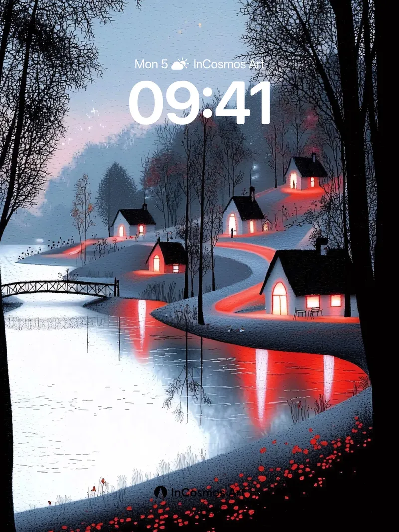 Frostlit Reverie Wallpaper with Crimson Reflections