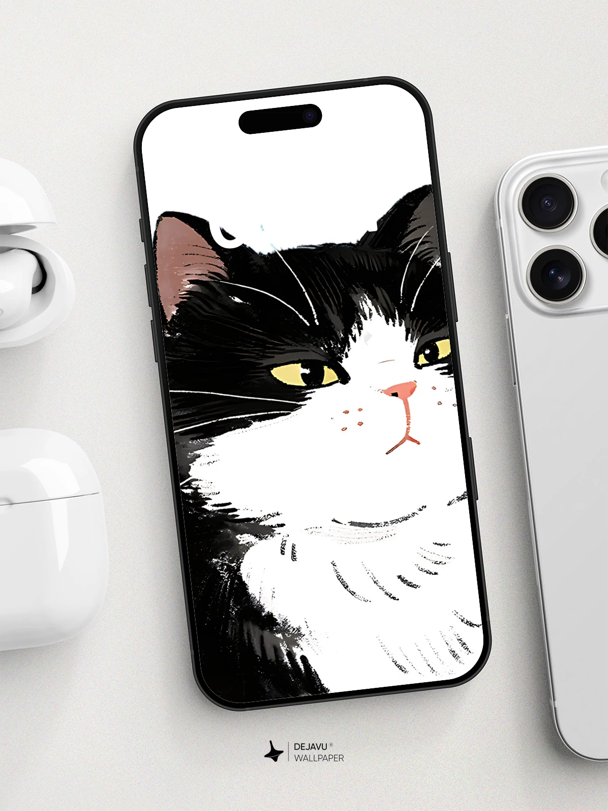 Whimsical Tuxedo Cat Portrait Wallpaper 8K for iPhone and Android