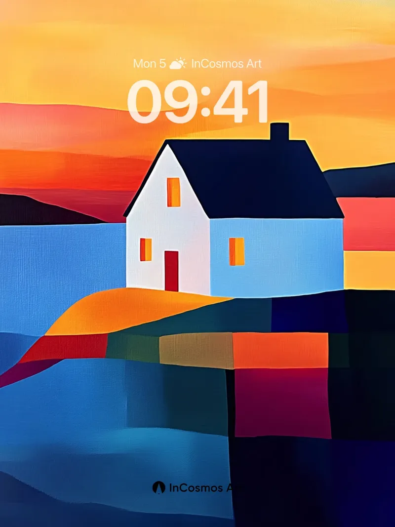 Cubist Sunset Wallpaper with Floating House