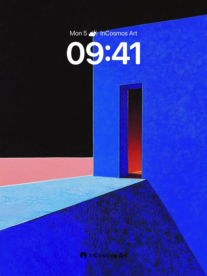Silent Blue Door Wallpaper with Crimson Light