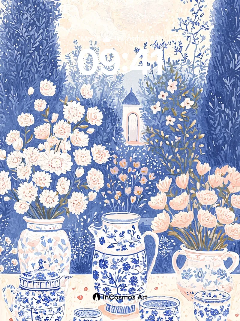 Serene Blue Garden Wallpaper with Porcelain Teaset