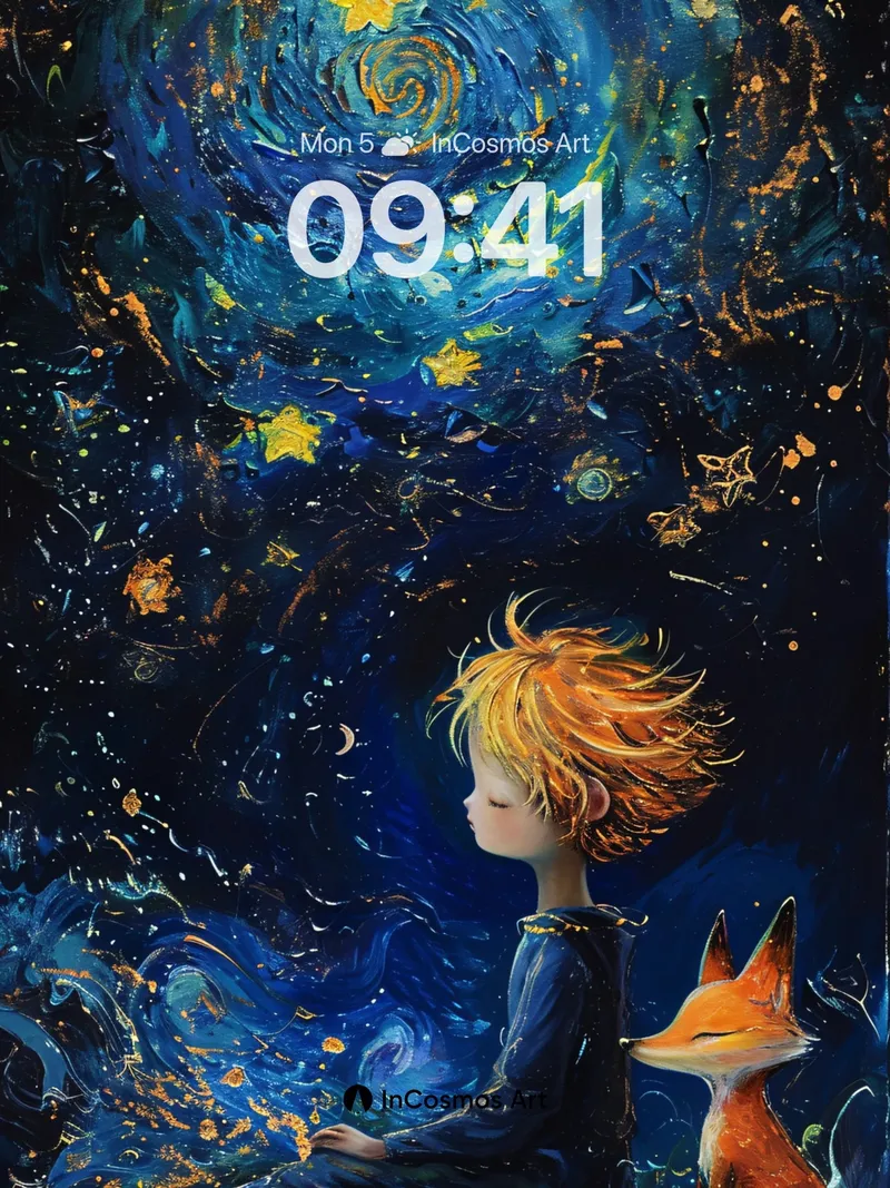 Starry Whispers Wallpaper with Fox and Child