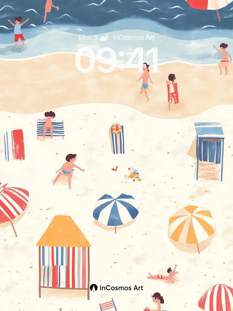 Sun-Drenched Playful Beach Wallpaper with Striped Canopies