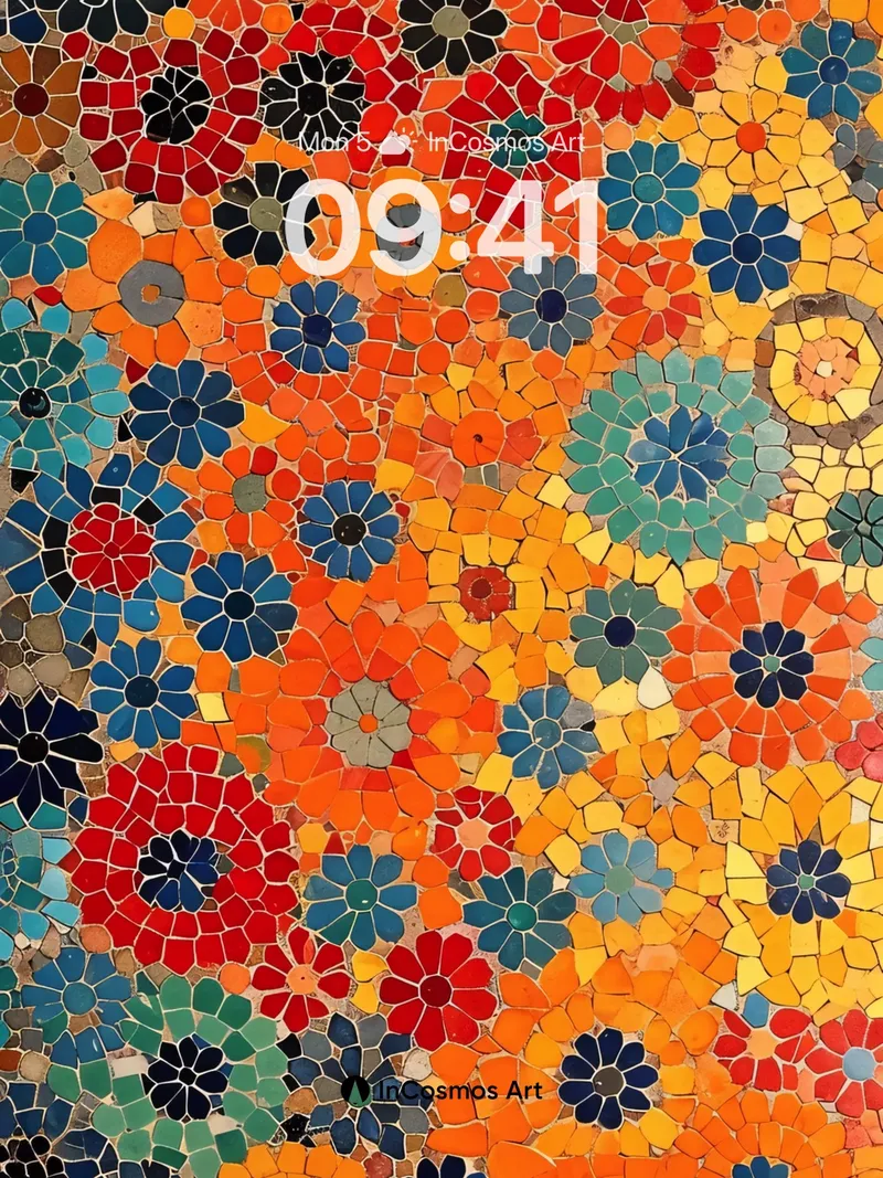 Sunlit Mosaic Wallpaper with Flowered Tiles