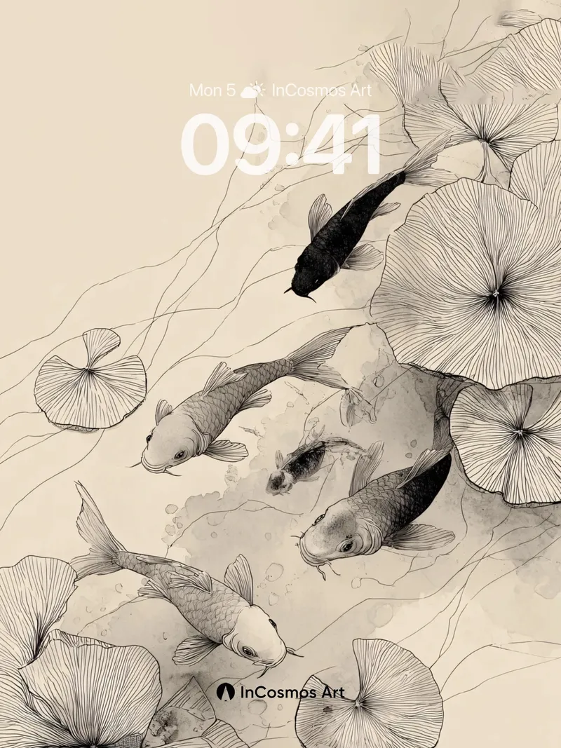 Serene Koi Wallpaper with Ink Lotus Drift