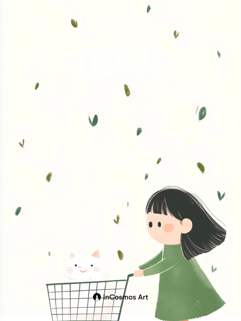 Whispering Leaves Wallpaper with Kitten Cart