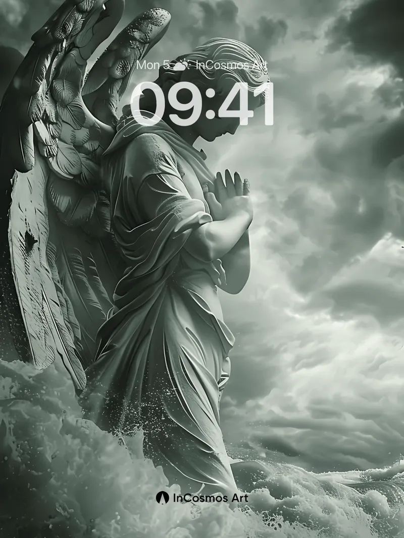 Storm-Wrought Angel Wallpaper with Sea-etched Wings