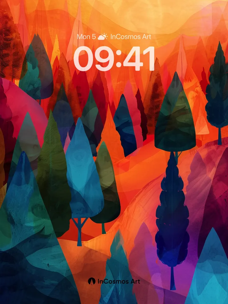 Crimson Reverie Wallpaper with Geometric Forests