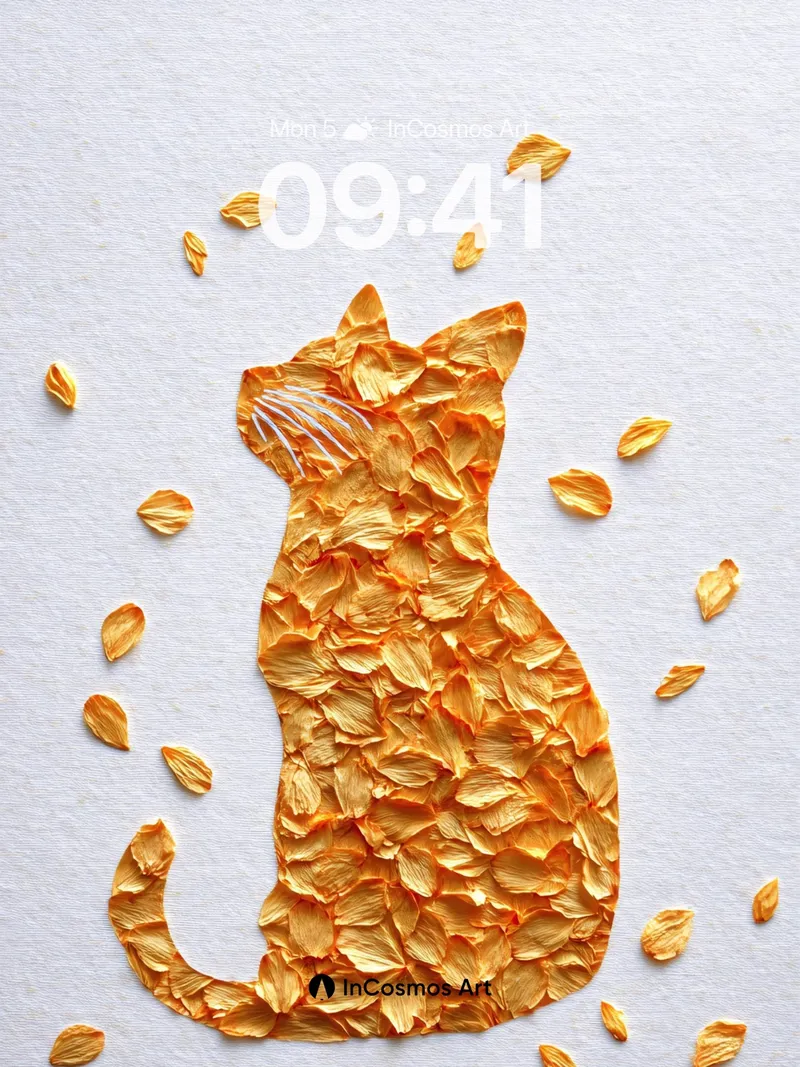 Golden Petal Cat Wallpaper with Floating Leaves