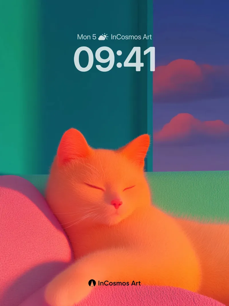 Serene Orange Cat Wallpaper with Neon Dreamscape