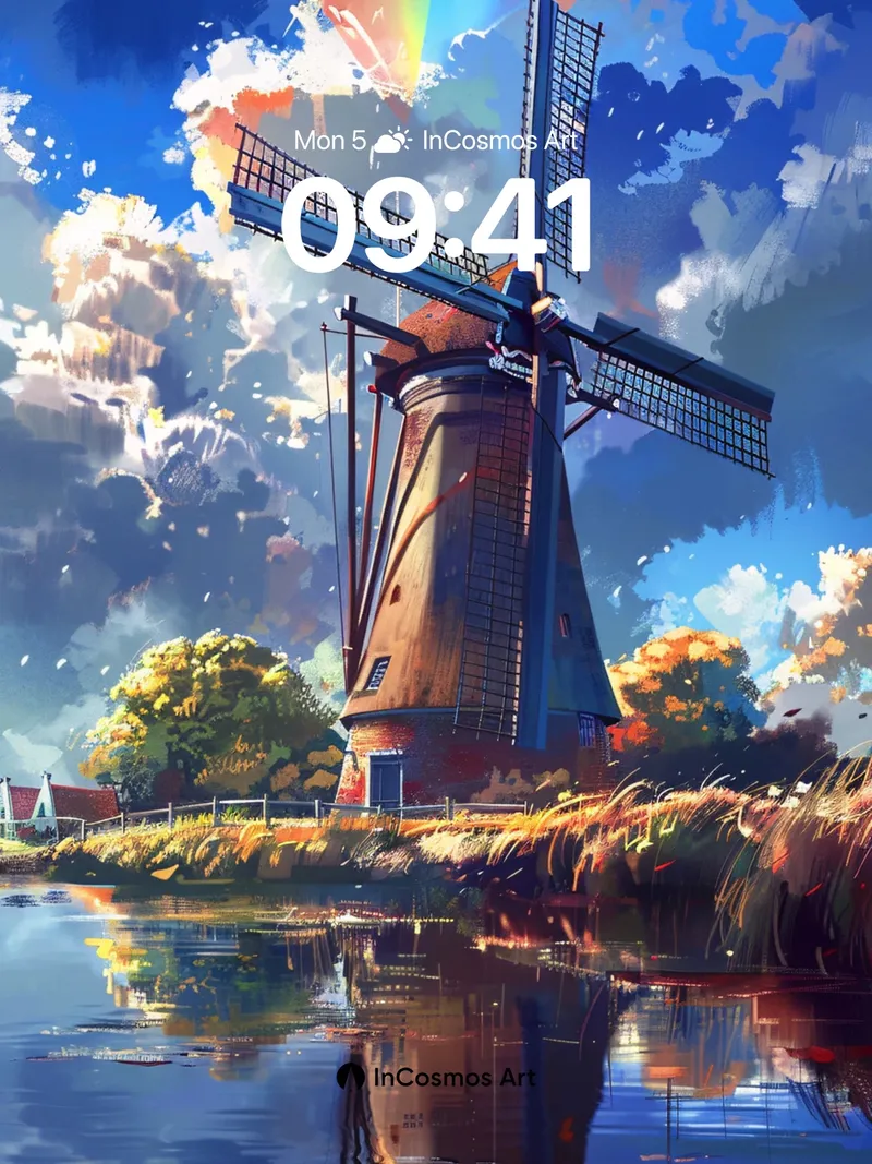 Serenity Windmill Wallpaper with Rainbow Sky