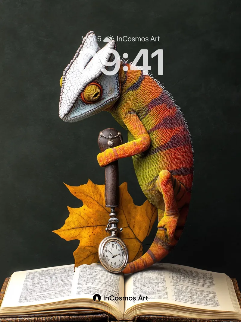 Whimsical Chameleon Wallpaper with Timepiece Charm