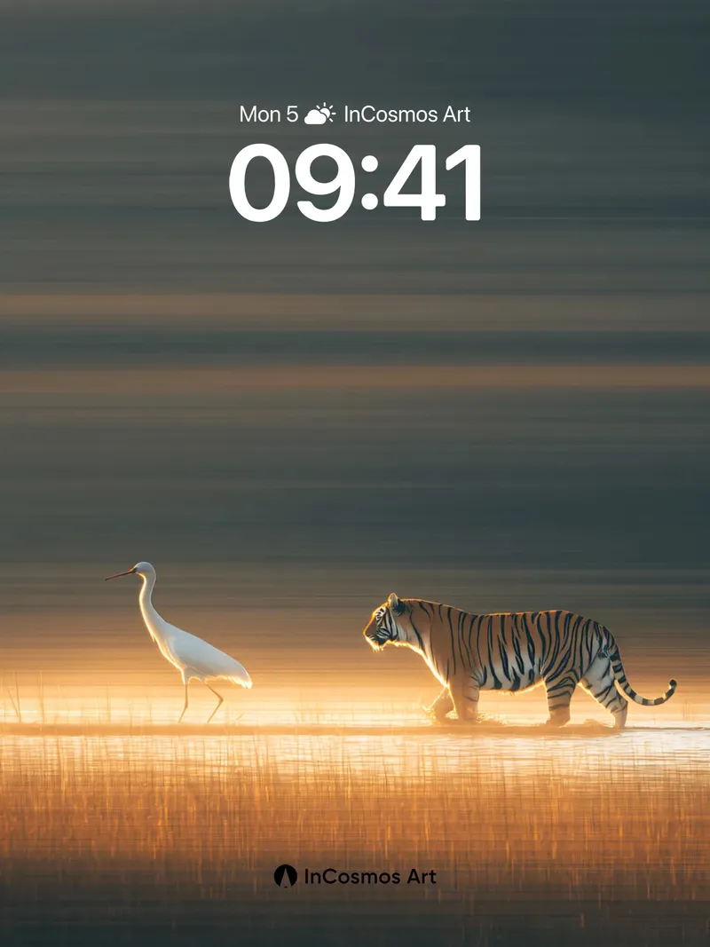 Golden Silence Wallpaper with Tiger and Heron