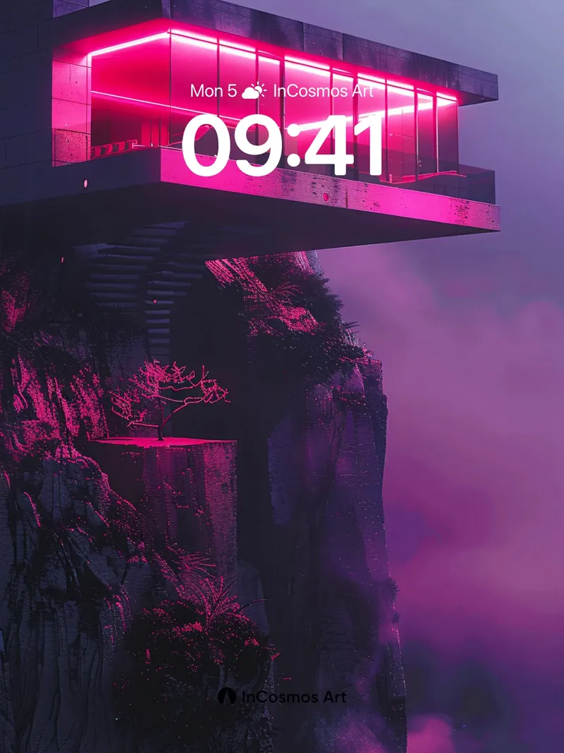 Neon Cliffs Wallpaper with Floating Glass Chamber