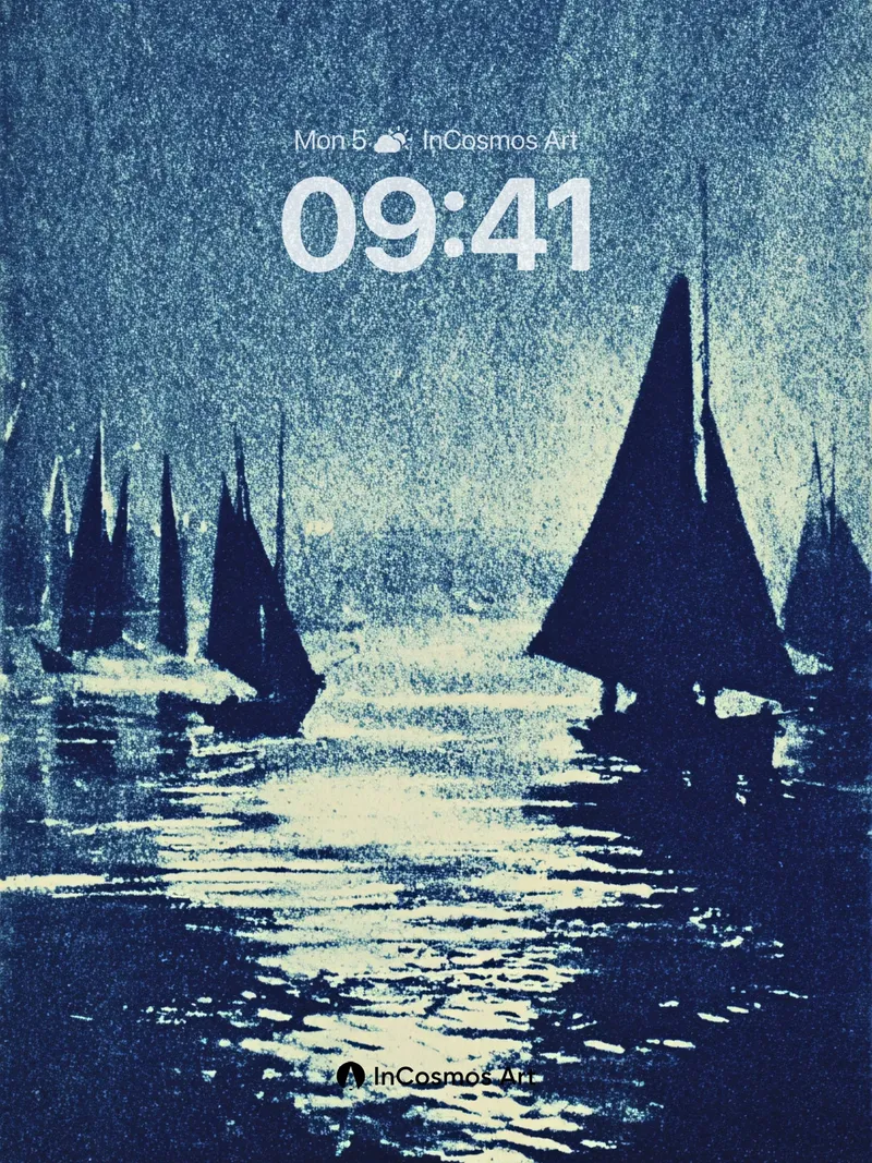 Moonlit Sail Silhouettes Wallpaper in Cyanotype Hue